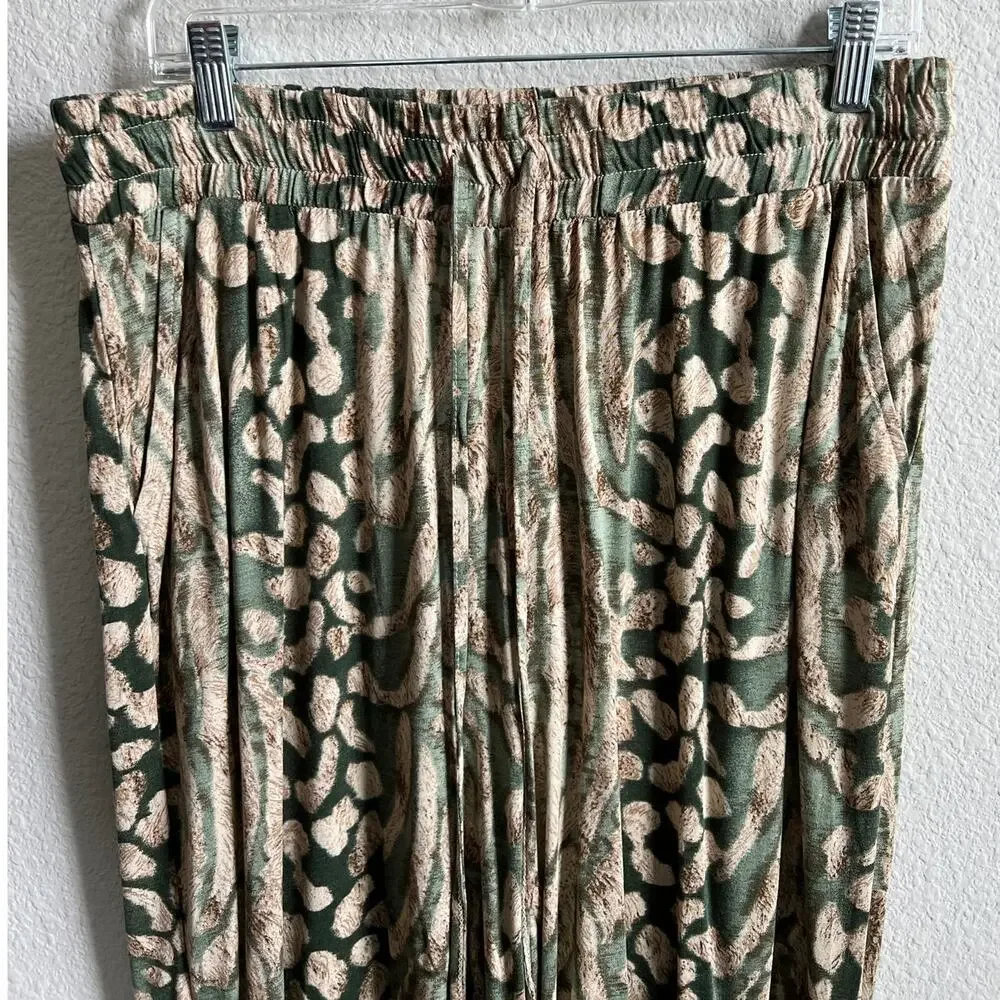Lascana Green High Rise Wide Leg Flowy Pants Women's 14 All Over Print Modest